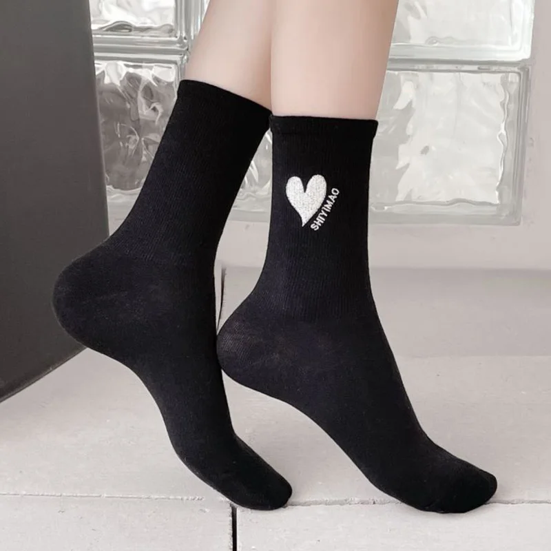 6 Pairs Socks For Women Christmas Gift Embroidered Heart Cotton Socks Korean Streetwear Winter Long Socks Woman Harajuku Style