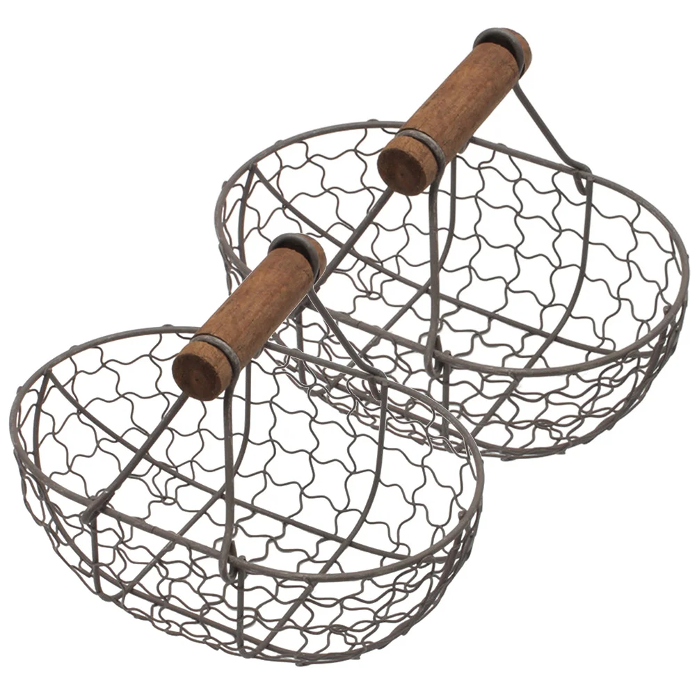 

2 Pcs Iron Eggs Basket Tabletop Handle Home Decor Multi-function Fruit Accessories Wire Storage Baskets Wooden