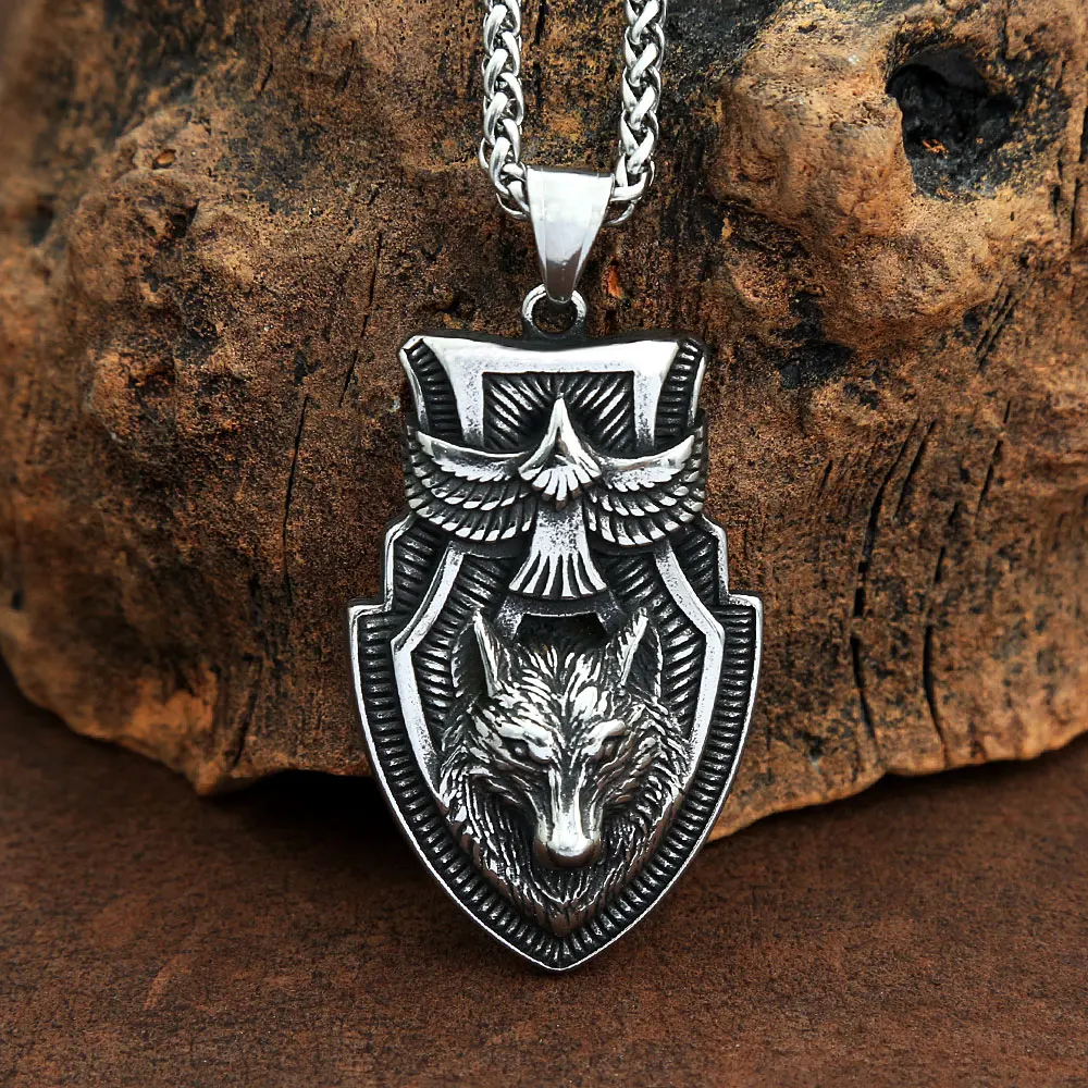 

Ожерелье с подвеской в виде головы волка и летающего орла из нержавеющей стали