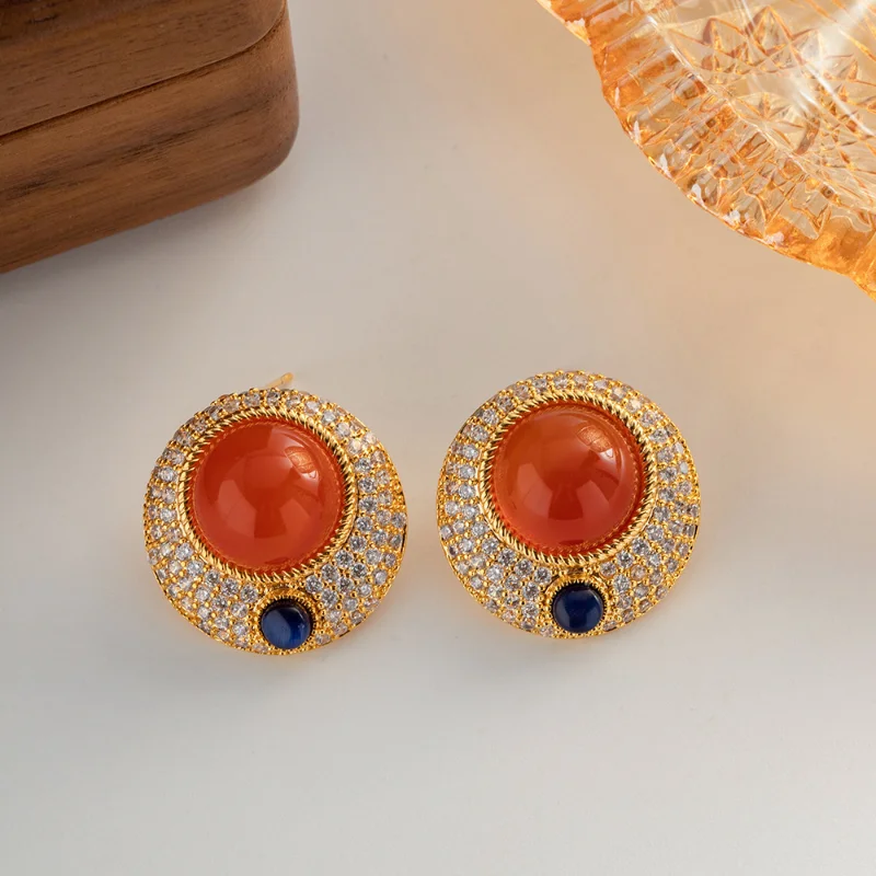 

Minar Retro Red Natural Stone Round Dangle Earrings for Women Ladies 18K Real Gold Plated Brass Shiny Full Rhinestones Earring