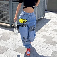 womens spring and autumn new street ins net red blogger smiley letter print casual wide legs loose washing straight jeans