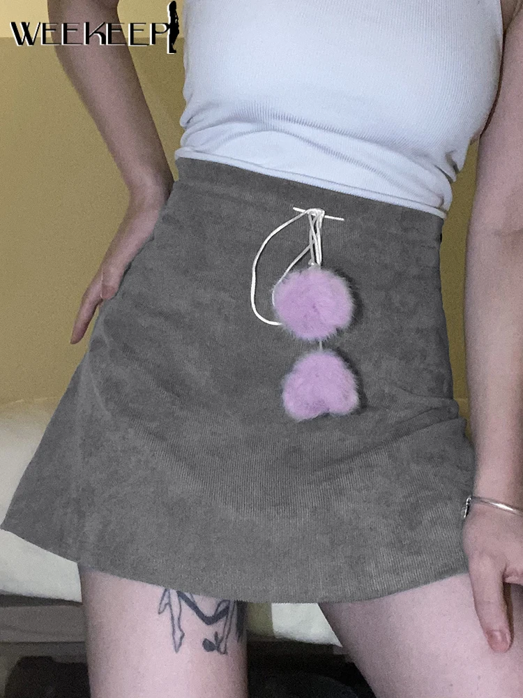

Weekeep/юбка трапециевидной формы, гранж, высокая талия, свободная, на шнуровке, мини вельветовые юбки Y2k, эстетическая летняя повседневная одеж...