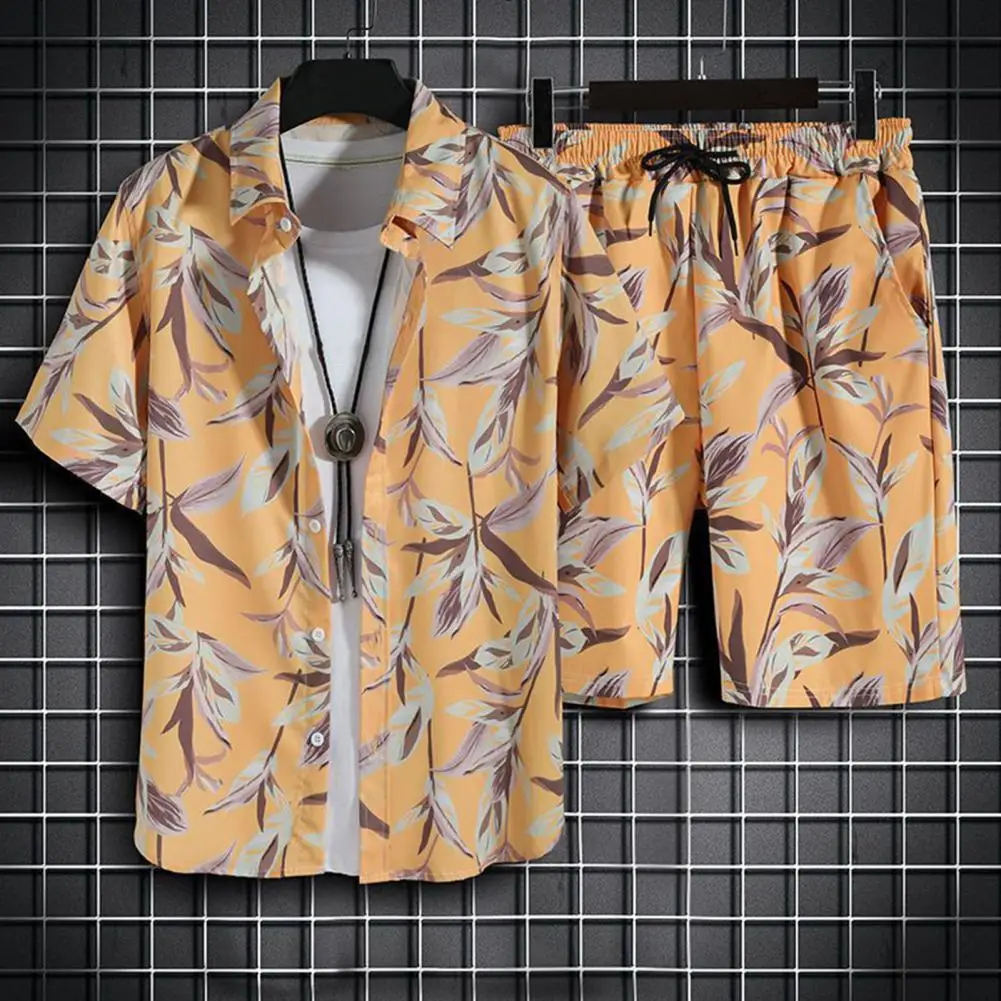

1 Set Beach Shirt Set Lapel Elastic Waist Quick Dry Buttons Closure Seaside Outfit Comfortable Man Summer Hawaiian Two Piece Set
