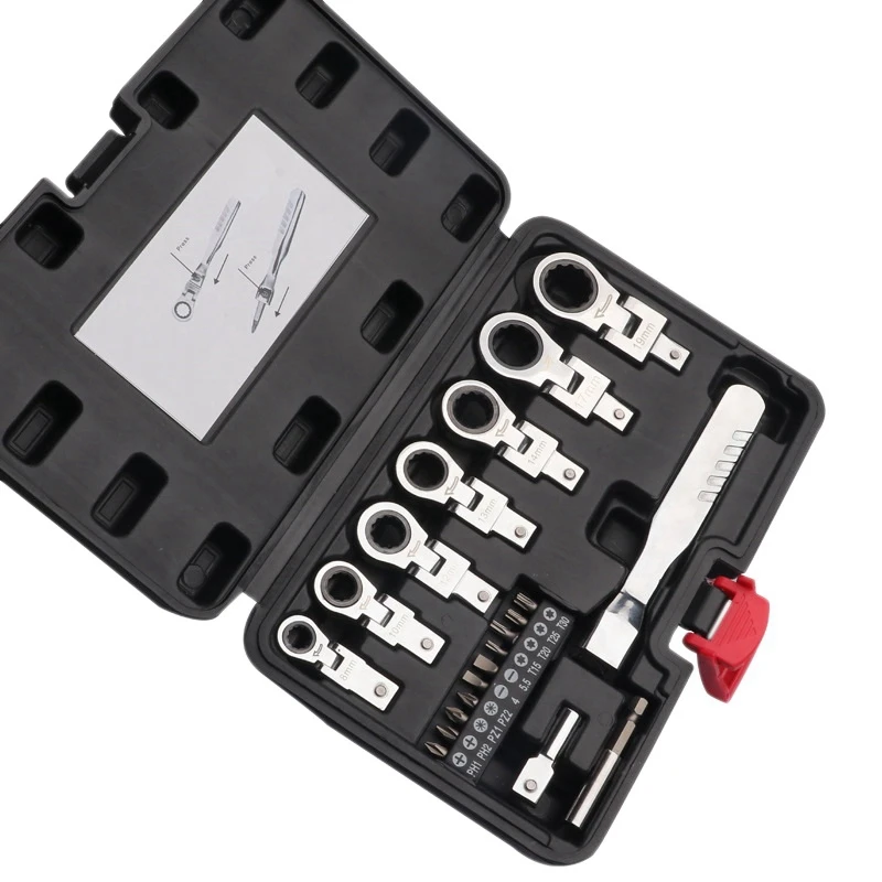 

21 Pcs Shaking Head Interchangeable Ratchet Wrench Set 180° Rotating Ratchet Gear Wrenches Auto Repair Tools With Box
