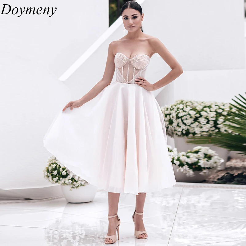 

Doymeny Wedding Dress For Women Sweetheart Mid-Calf Sleeveless Chiffon and Satin Appliques Sexy Illusion A-Line Robe De Mariée
