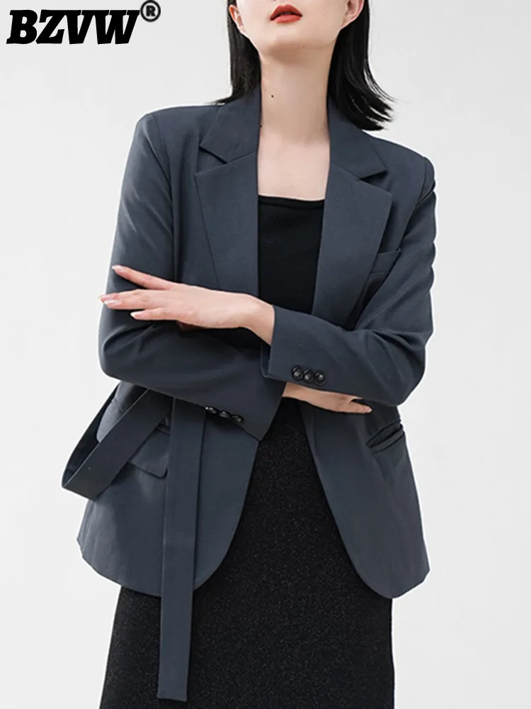 

BZVW Autumn 2023 New Lace Up Waist Blazers For Women Fashion Notched Collar Female Solid Color Straight Suit Jacket 5R6348