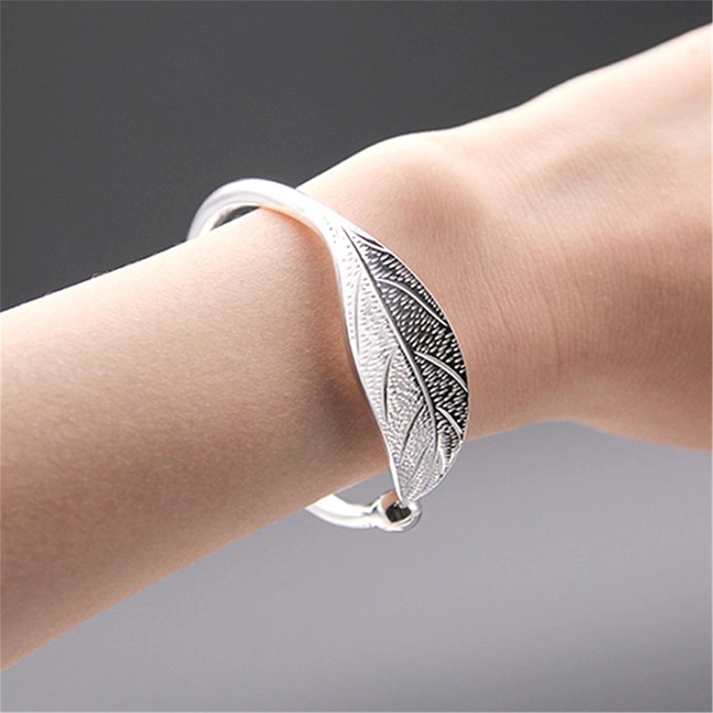 

Women's Hand Bracelets Silver 925 Big Leaf Open Bangle Pulsera Femme Trendy Jewelry Accessories Party Gifts Bijoux