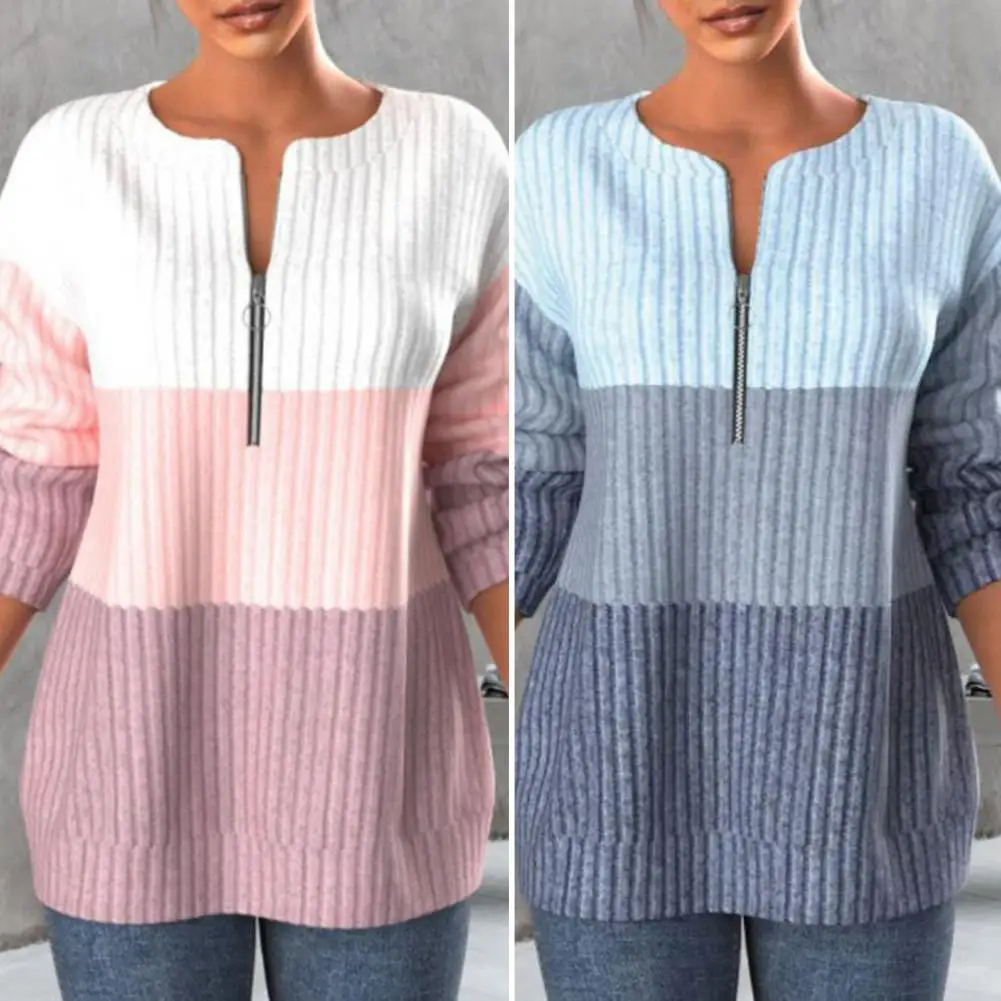 

Trendy Relaxed Fit Zipper Sweatshirt Sweater Women Knit Pullover Temperament Dressing