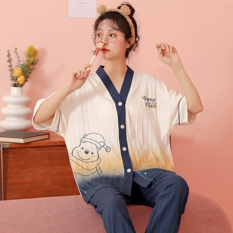 2022 New Spring And Summer Pajamas Women's Cotton Short Sleeved Cardigan Kimono Cartoon Lovely Girl's Home Clothes
