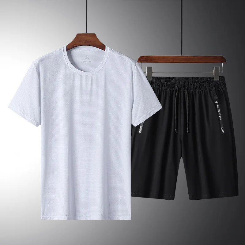 Casual suit men's new summer ice silk short sleeve dad crewneck two-piece set loose half sleeve T-shirt sports cover