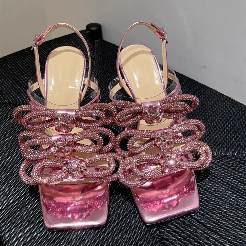 

Bling pink rhinestone Bowtie strappy Cutout Sandals Cutouts cup High Heels peep Toe Back Strap Crystal Banquet Summer Shoes