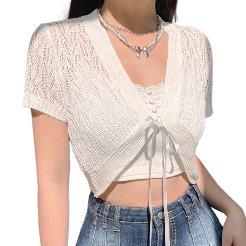 

Temperament Summer Hollow Out Cardigan Shirt Casual Crochet Crop Tops Sexy Female Ladies Cover Up Fashion Streetwear