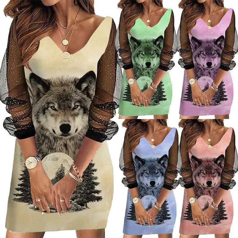 

Women's Wolf Printed Summer Mesh Sleeves Panel Dress Plus Size XS-8XL