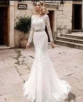long sleeve lace mermaid wedding dress for bride sexy sheer open back trumpet style graceful wedding gowns with sash appliques