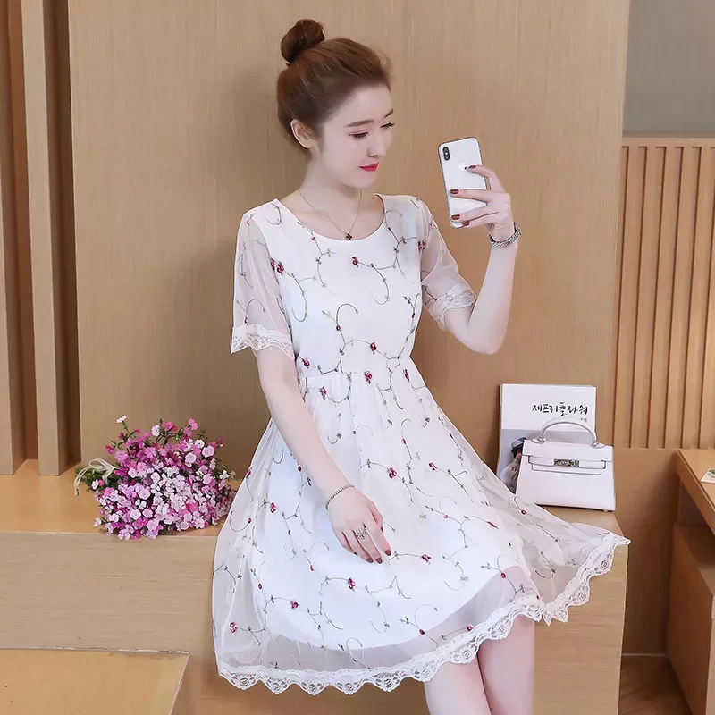 

Women's Plus Size Summer Dress O-Neck Mesh Lace Dresses