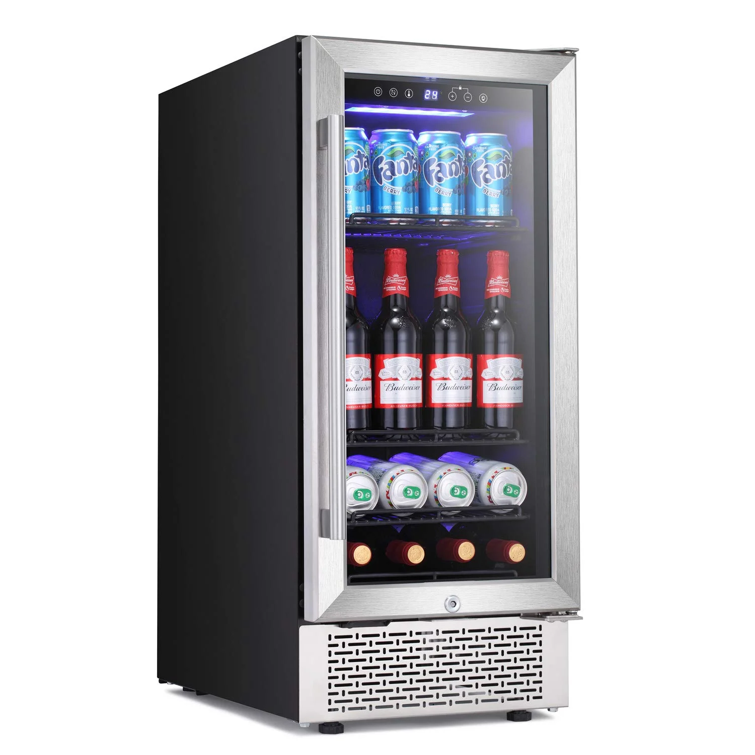 

AGLUCKY 15”Wine Cooler Cabinet Built-in or Freestanding Beverage Refrigerator Stainless Steel Glass Door Wire Digital Memory
