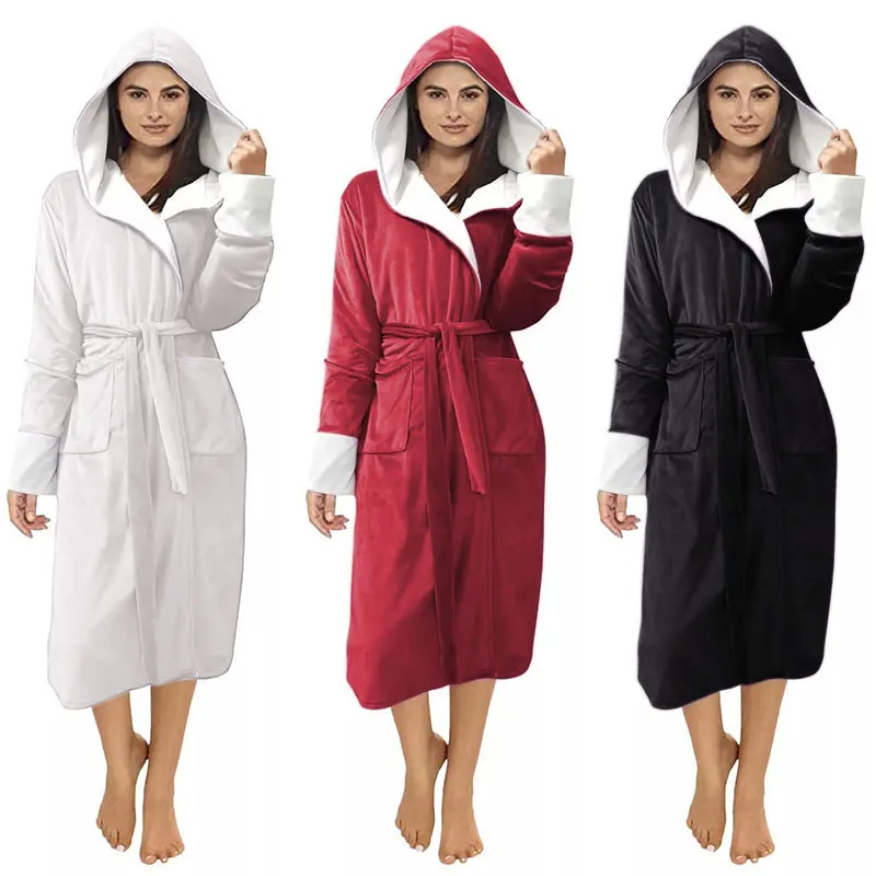 S-5XL 12Colors Plush Lengthened Long Bathrobe With Hooded Robe Unisex Warm Winter Night Sleepwear Long Sleeved Shawl Cardigan
