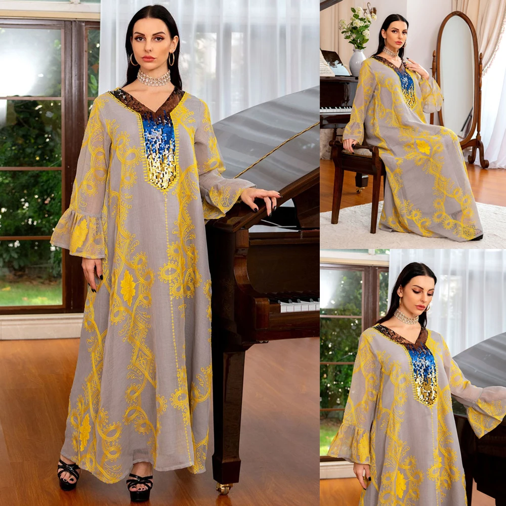 Желтое платье с блестками и вышивкой для женщин, Марокканское женское платье, Арабская Джаба, мусульманская вечерняя одежда для вечеринки, ...