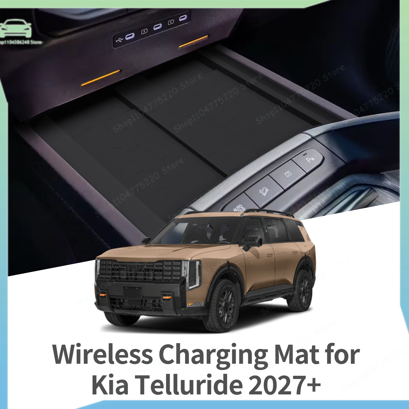 Фото Для Kia Telluride 2027+ (2-е поколение) — силиконовый коврик-антигрязь с беспроводной зарядкой для телефона, противоскользящий, аксессуар для интерьера, черный №1