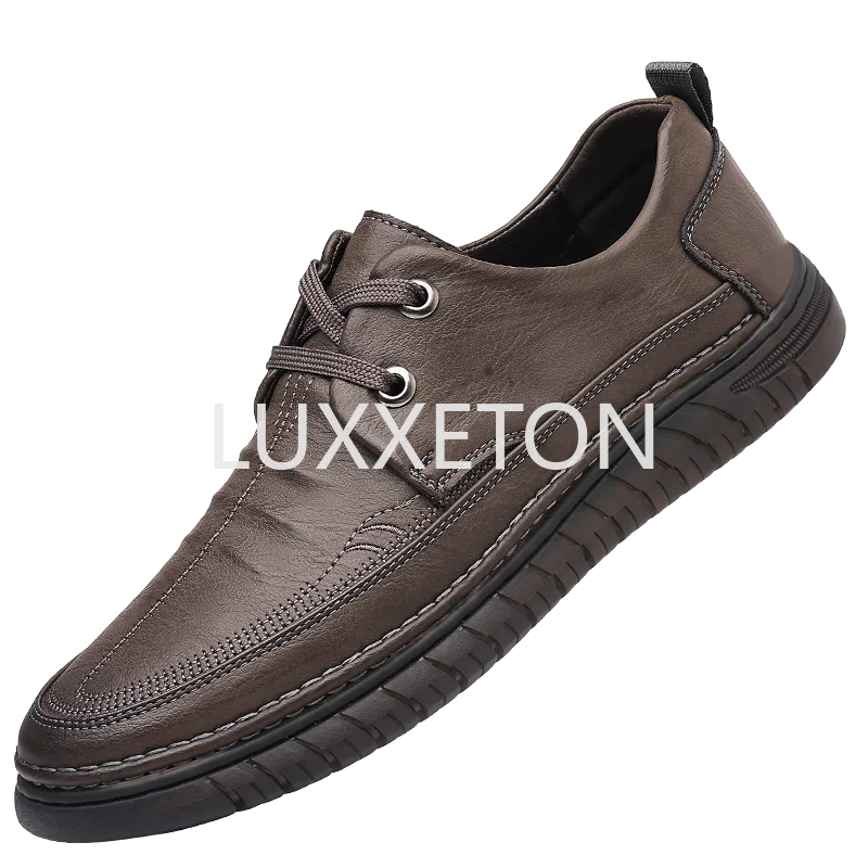 

2023 New British Men's Leather Casual Shoes Fashion Round Toe Soft Sole Sewing Shoes Solid Color Durable Lace Up Flat Shoes