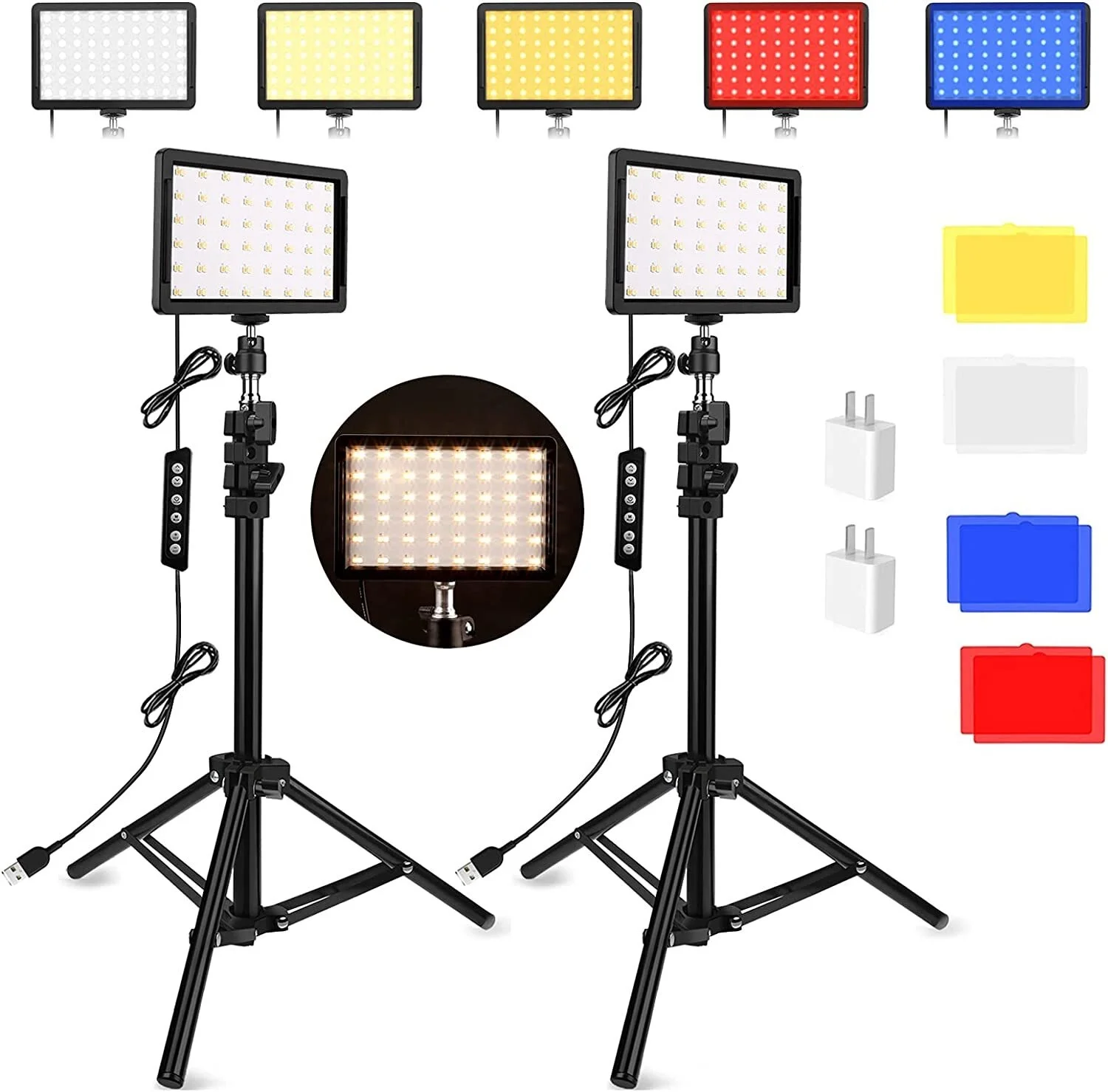 

Unicucp 2 Packs 96 Dimmable 2400-6800K Bi-Color LED Video Light 11 Brightness 97 CRI with Adjustable Tripod Stand/4 Color