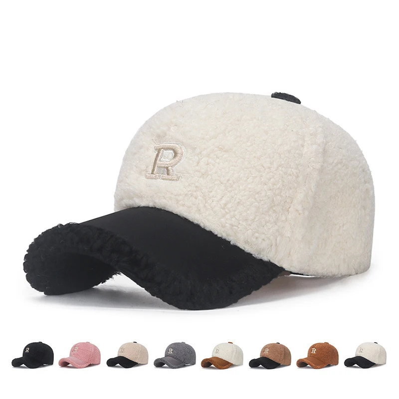 

BrandR Letter Double Color-blocking Imitation Lamb Fleece Blended Caps Women Warm Fleece Hat For Winter Women Baseball Caps