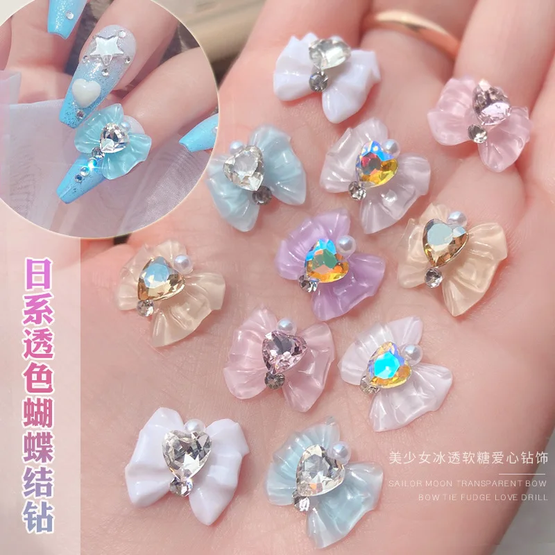 

10Pcs 3D Resin Bowknot Nail Charms Pink White Ribbon Bow Rhinestones Shiny Nail Jewelry Parts Manicure Decoration Accessories