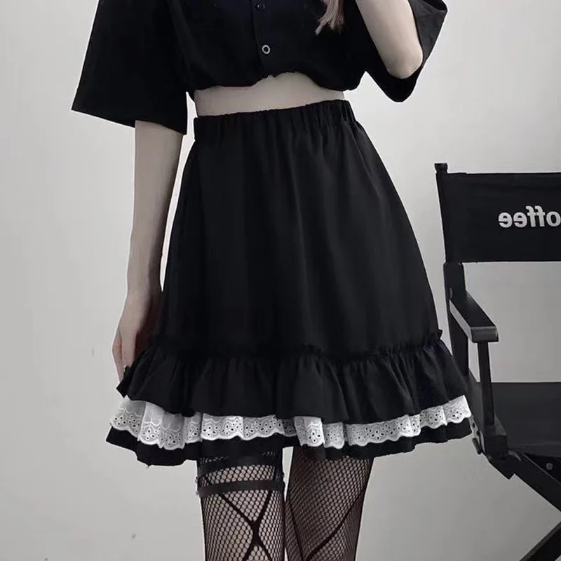 

Dinboa Women's Lace Gothic Miniskirt, Harajuku Street Dress, Pleated Black Granger Fairy, Lolita, Japan 2022