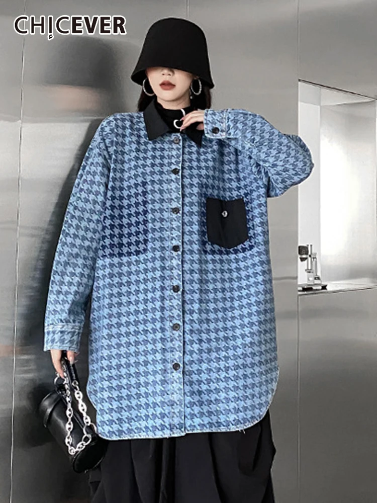 

CHICEVER Colorblock Houndstooth Denim Coats For Women Lapel Long Sleeve Patchwork Pockets Straight Jackets Female Fashion Style