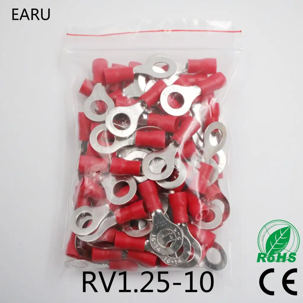 

RV1.25-10 Red 22-16 AWG 0.5-1.5mm2 Insulated Ring Terminal Connector Cable Wire Connector 100PCS/Pack RV1-10 RV