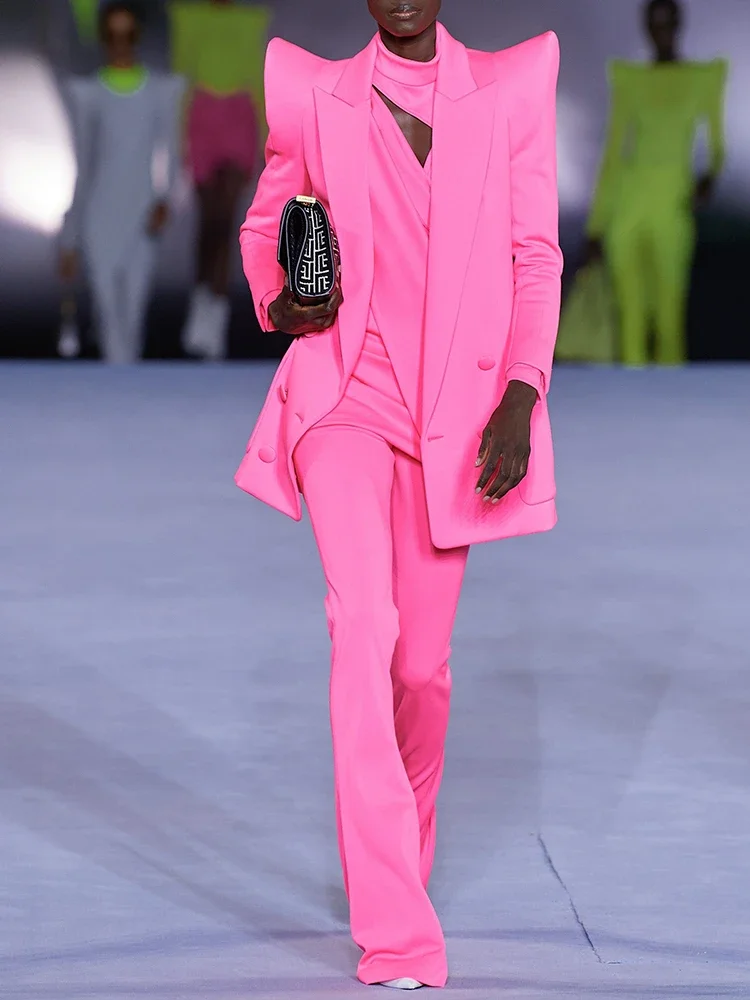 HIGH QUALITY Newest Fashion 2023 Designer Jacket Women Peak Strong Shoulder Double Breasted Long Blazer Fluorescein