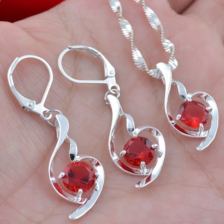 

ANGLANG Luxury Red Cubic Zirconia Jewelry Sets Engagement Necklace Earring for Bridal Wedding Jewelry Gift for Women