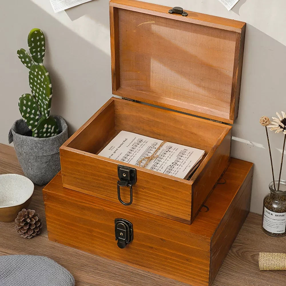 

Vintage Wood Storage Box with Lock Retro Wooden Boxes Holder Home Organizer Desktop Jewelry Organizer Box Treasure Chest Storage