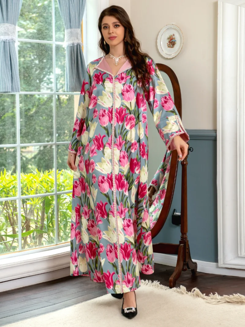 Eid Party Muslim Abaya Dress Women Lapel Ramadan Mubarak Dubai Turkey Islam Robe Caftan Morocco Floral Print Maxi Vestido 2023