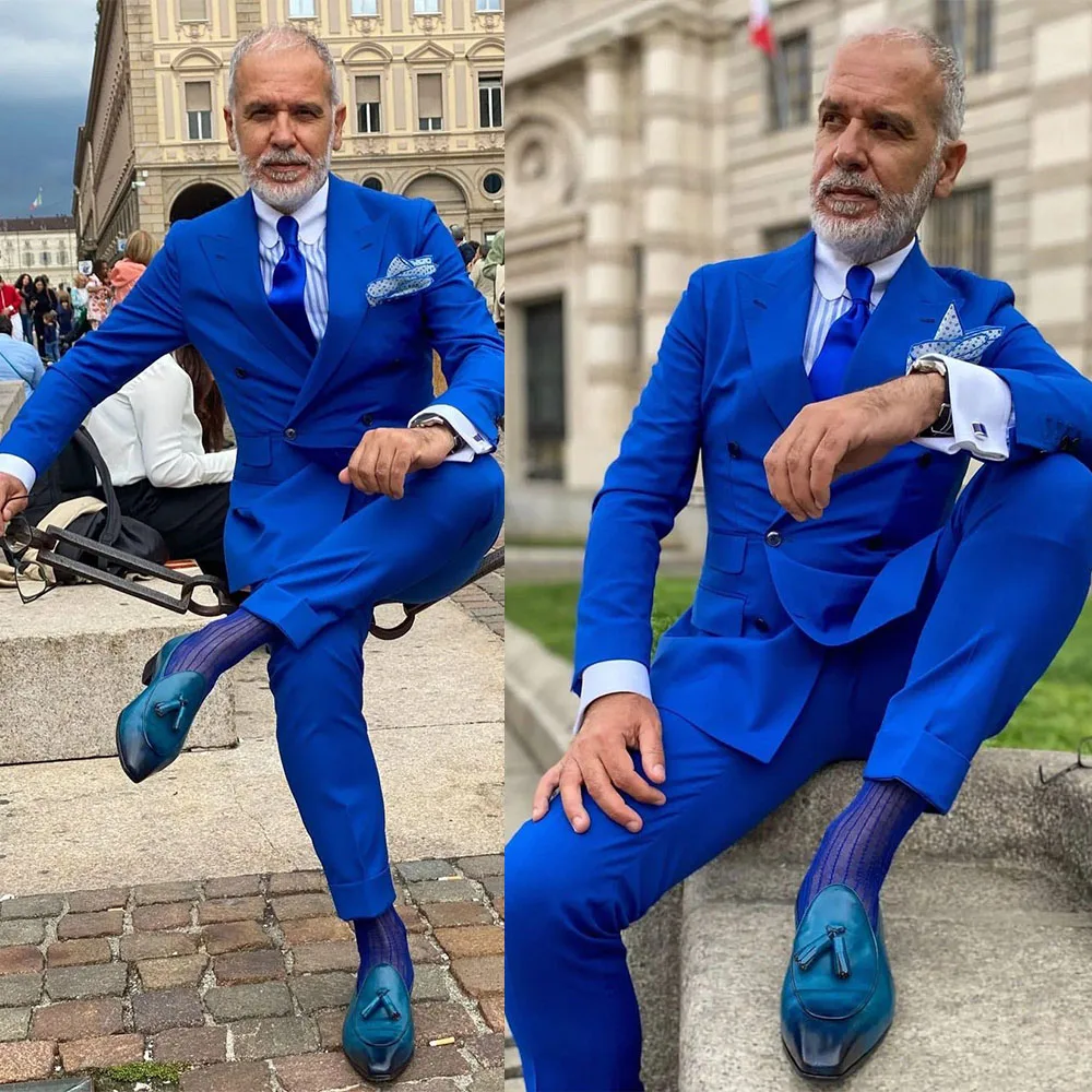 

Costume d'homme Royal Blue Men Pants Suits Set Wedding Tuxedos Double Breasted Custom Made Prom Party Formal Office Jacket+Pants