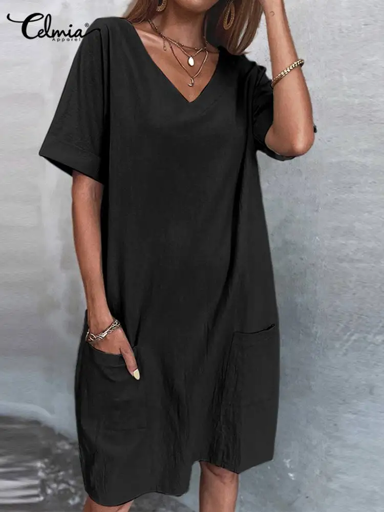 

Celmia Loose Short Sleeve Knee Length Vestido Fashion V Neck Robe Leisure Cotton Sundress Casual Pockets 2022 Summer Shirt Dress