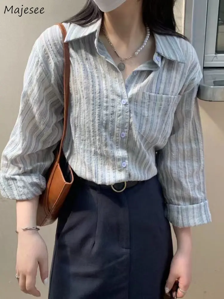 

Summer Shirts Women Striped Vintage Loose Thin Ulzzang Leisure Office Lady Boyfriend Classic Harajuku Simple All-match Camisas