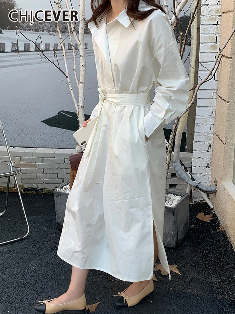 

CHICEVER Temperament Solid Fold Pleated Midi Dress For Women Lapel Long Sleeve High Waist Lace Up Dresses Female 2022 Clothing