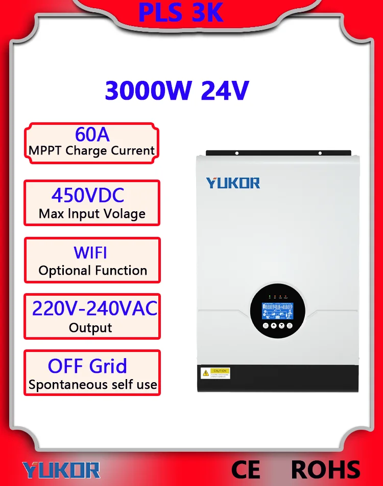 

YUKOR 3000W Hybrid Solar Inverter 24V 220V Pure Sine Wave Inverter 3KW Built in MPPT 80A Solar Charger Controller Max PV 450VDC