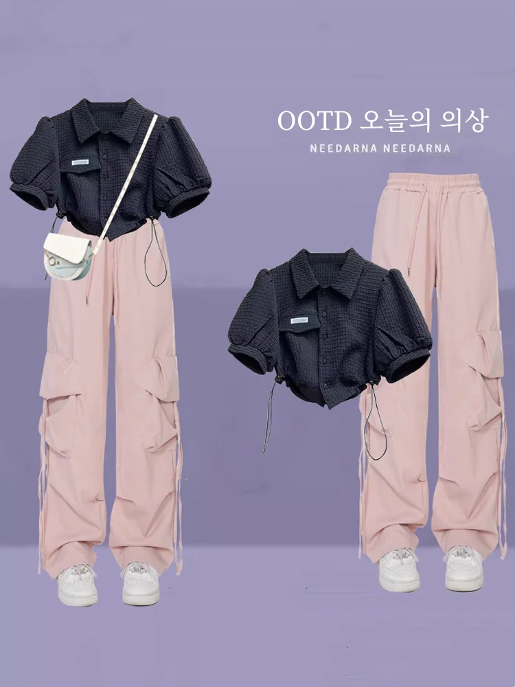 Preppy Sle A and Suit Women's Cargo Pants New Arrival 2025 Summer Shirt Two-piece Set Small Sized Man's Wear