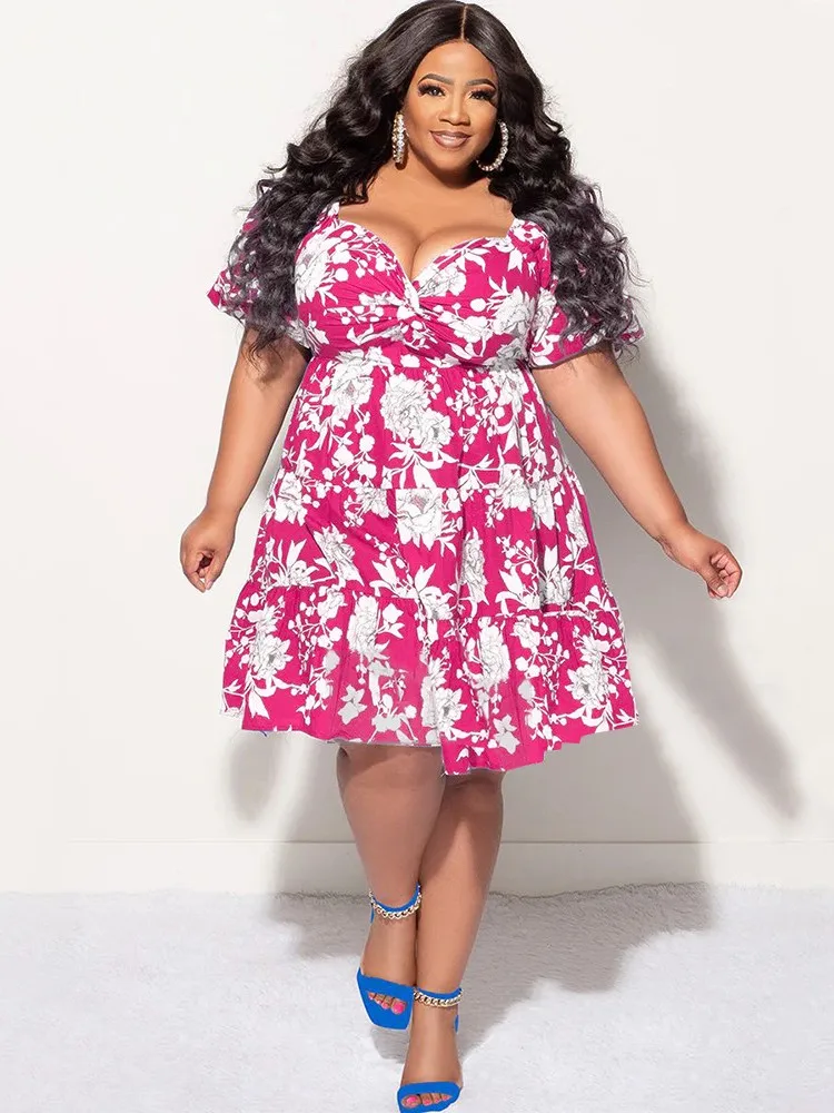 

ZJFZML ZZ Plus Size Women's Clothing Vintage Floral Flower Print High Waist Big Swing Pleated Dress Summer One Piece Midi Dress