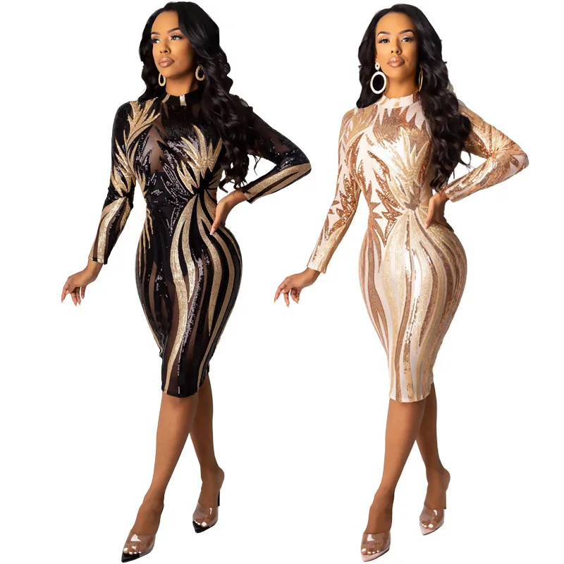 Woman O Neck Long Sleeve Mesh dress Floral sequins Bodycon Knee Length dress S-2XL 2Color CY8201