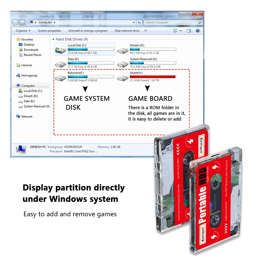 2T HDD Портативный внешний игровой жесткий диск подходит для супер консоли ПК Mini /X86