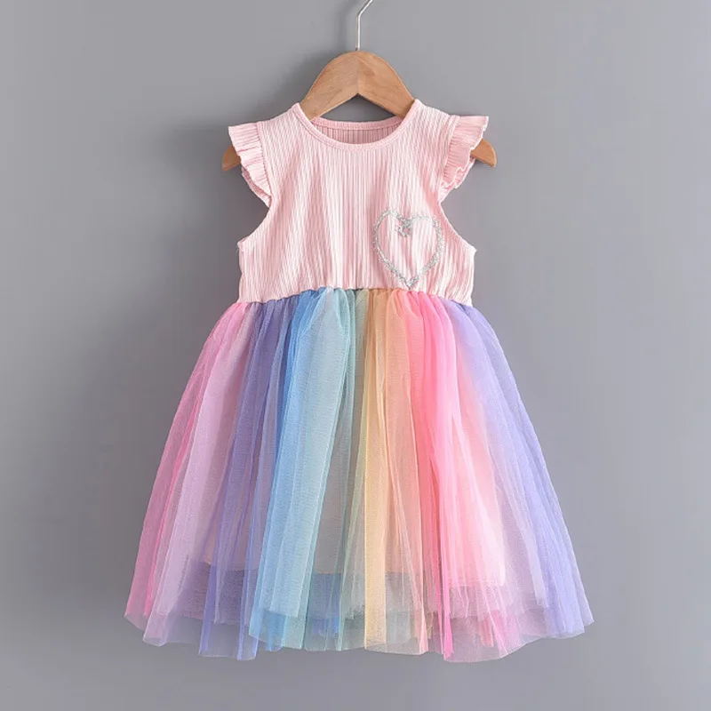

Summer Girls Rainbow Dress Cute Love Print Dresses Cotton Shirt Dress Knee-Length Children Clothes for Girl 2-7 Years