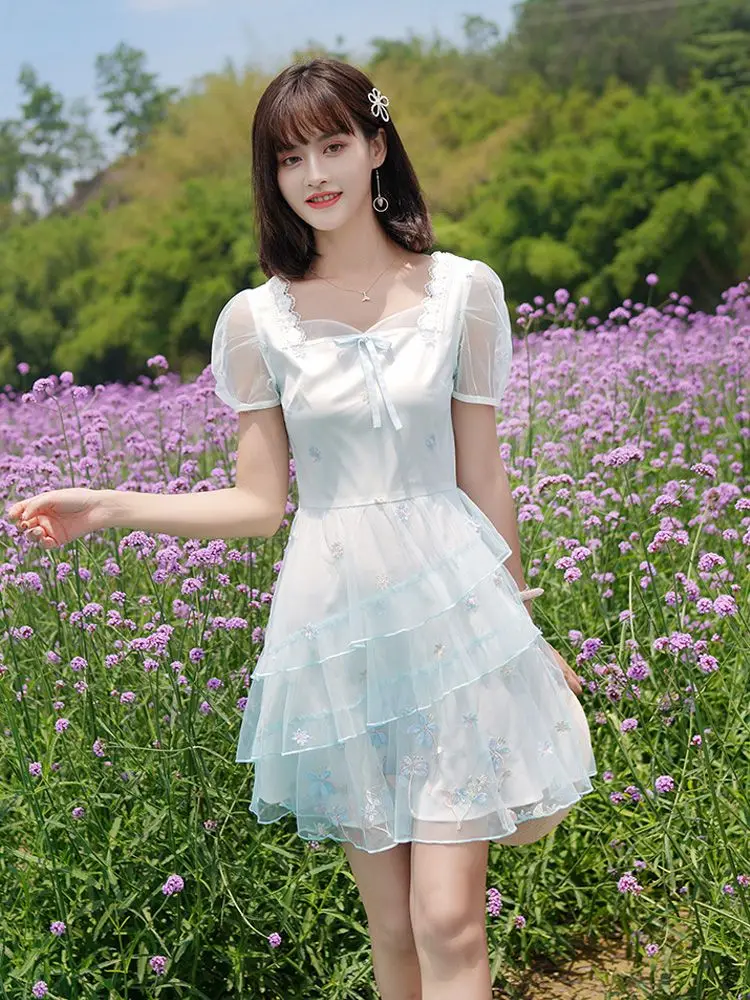 

Элегантное короткое весеннее платье с вышивкой, платье с рукавом, милое сказочное женское платье, корейский стиль 2023, летние женские платья с сеткой и цветочным рисунком