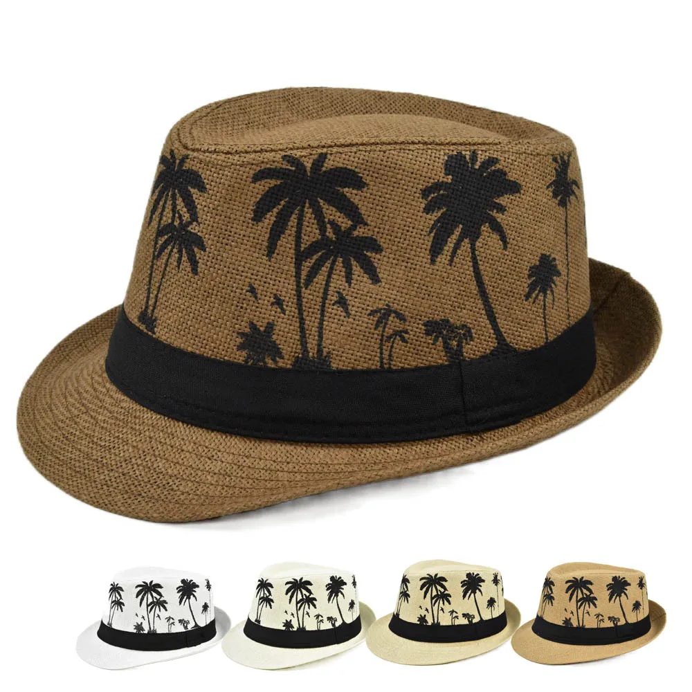 

Wholesale Coconut Tree Beach Sun Hat Men Summer Short Brim Fedoras Panama Beach Straw Jazz Hat Women Sunhat Chapeau Paille