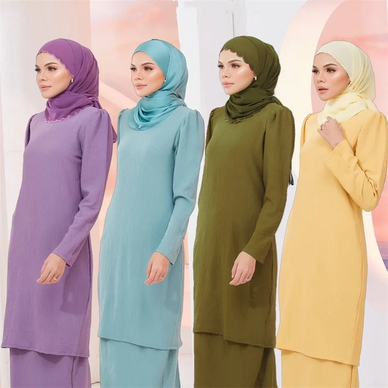 

Ready Stock Full Sleeve Kebaya Solid Color Abaya Muslim Dress Islamic Elegant Plain Green With Back Pleated Kaftan Robe