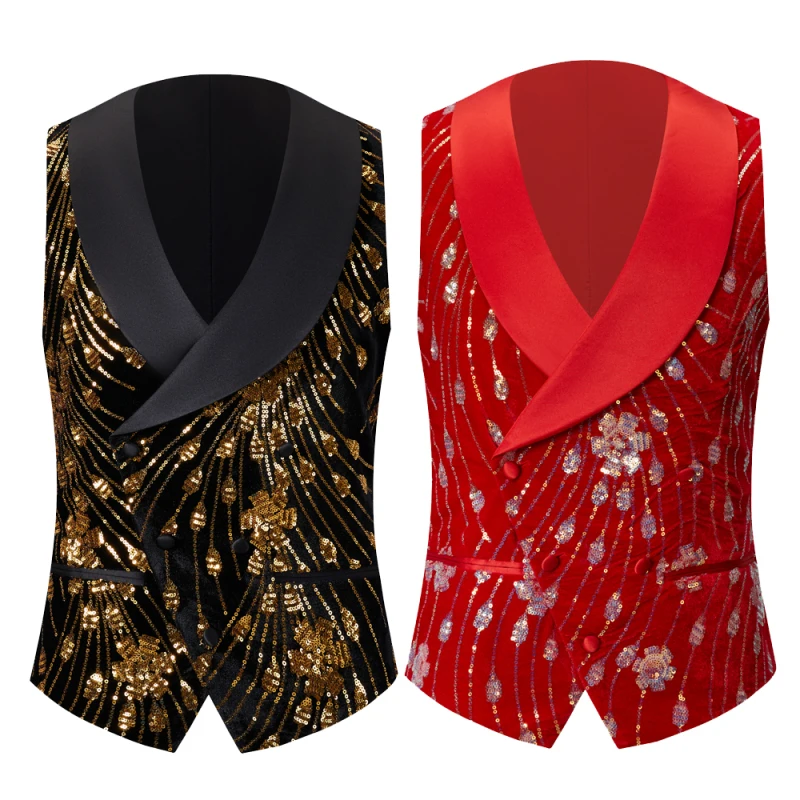

Men's Gold Shiny Sequin Suit Vest Glitter Embellished Red,Black Blazer Waistcoat Night Club Wedding Party Stage Singers Clothing