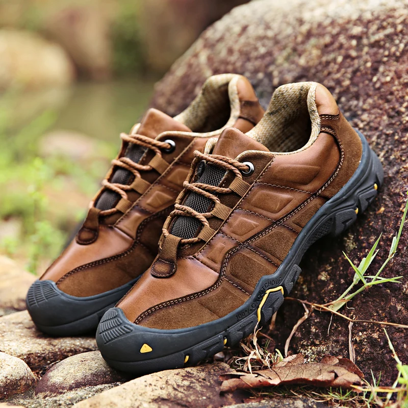 High Quality Cowhide Leather Men's Hiking Shoes Wear-resistant Waterproof Sneakers Men Outdoor Casual Walking Climbing Shoes Men