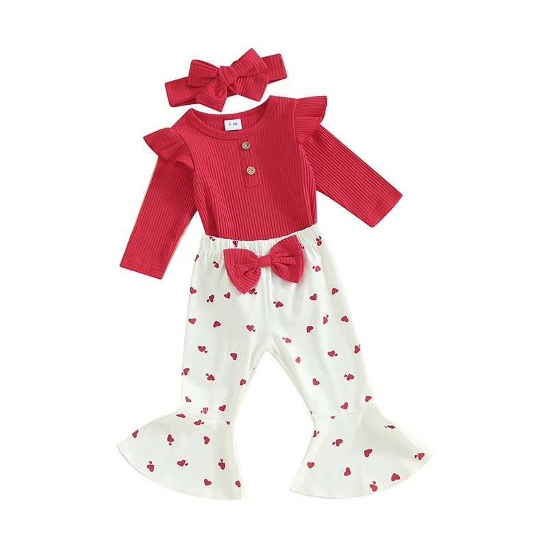 

Newborn Infant Baby Girl Fall Winter Clothes Ruffle Long Sleeve Romper Heart Flare Pants Headband Set My 1st Valentines